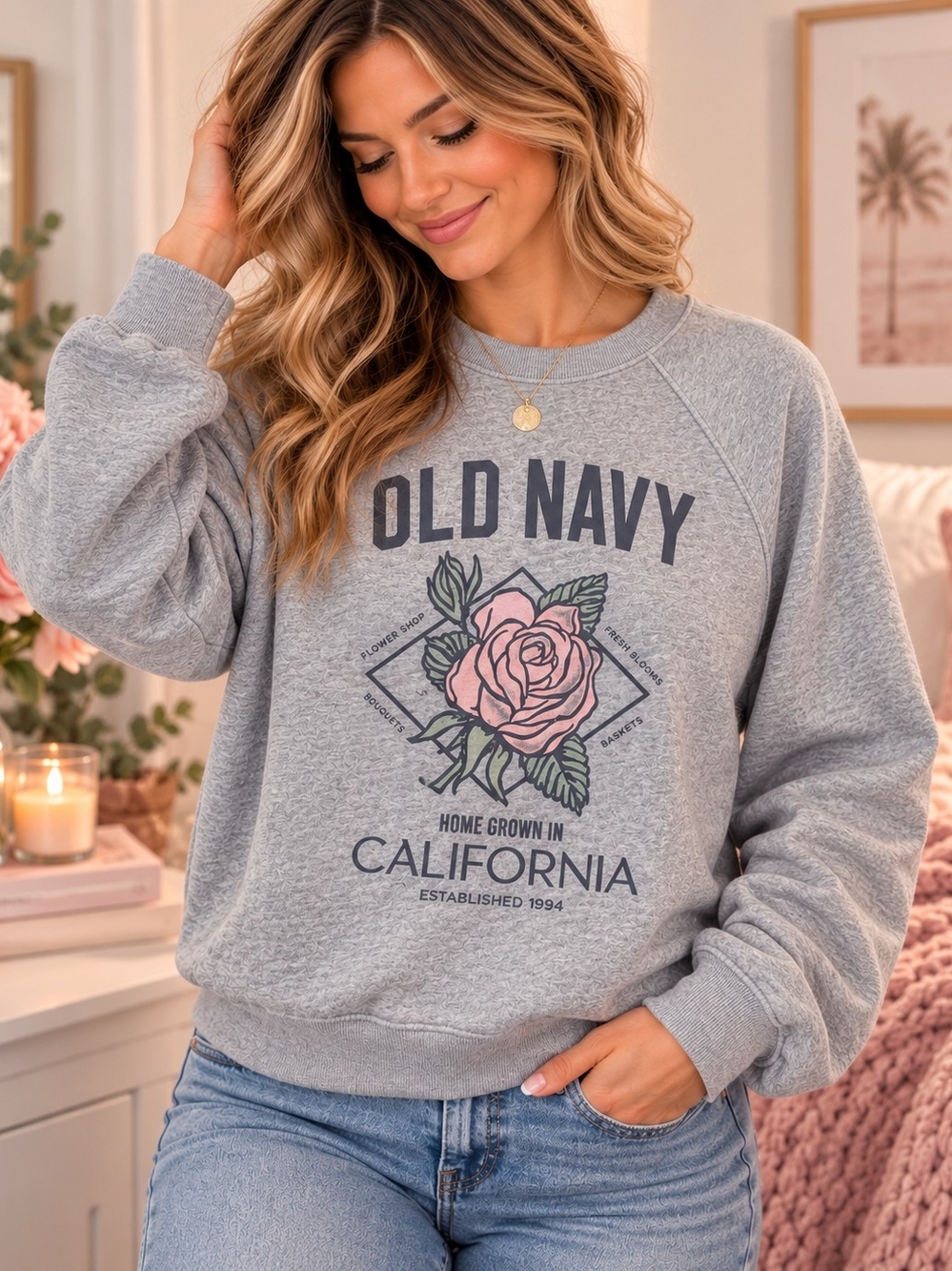 NWT Old Navy Medium Tall Gray Rose California Graphic Crewneck Sweatshirt